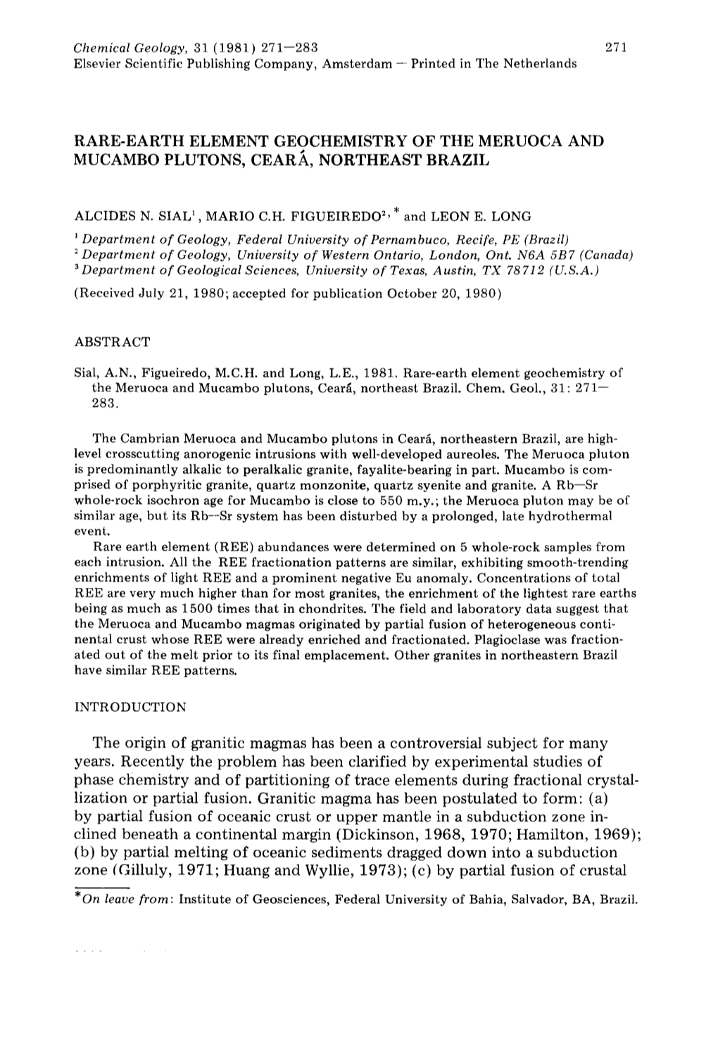 Chemical Geology, 31 (1981) 271--283 271 Elsevier Scientific Publishing Company, Amsterdam -- Printed in the Netherlands RARE-EA