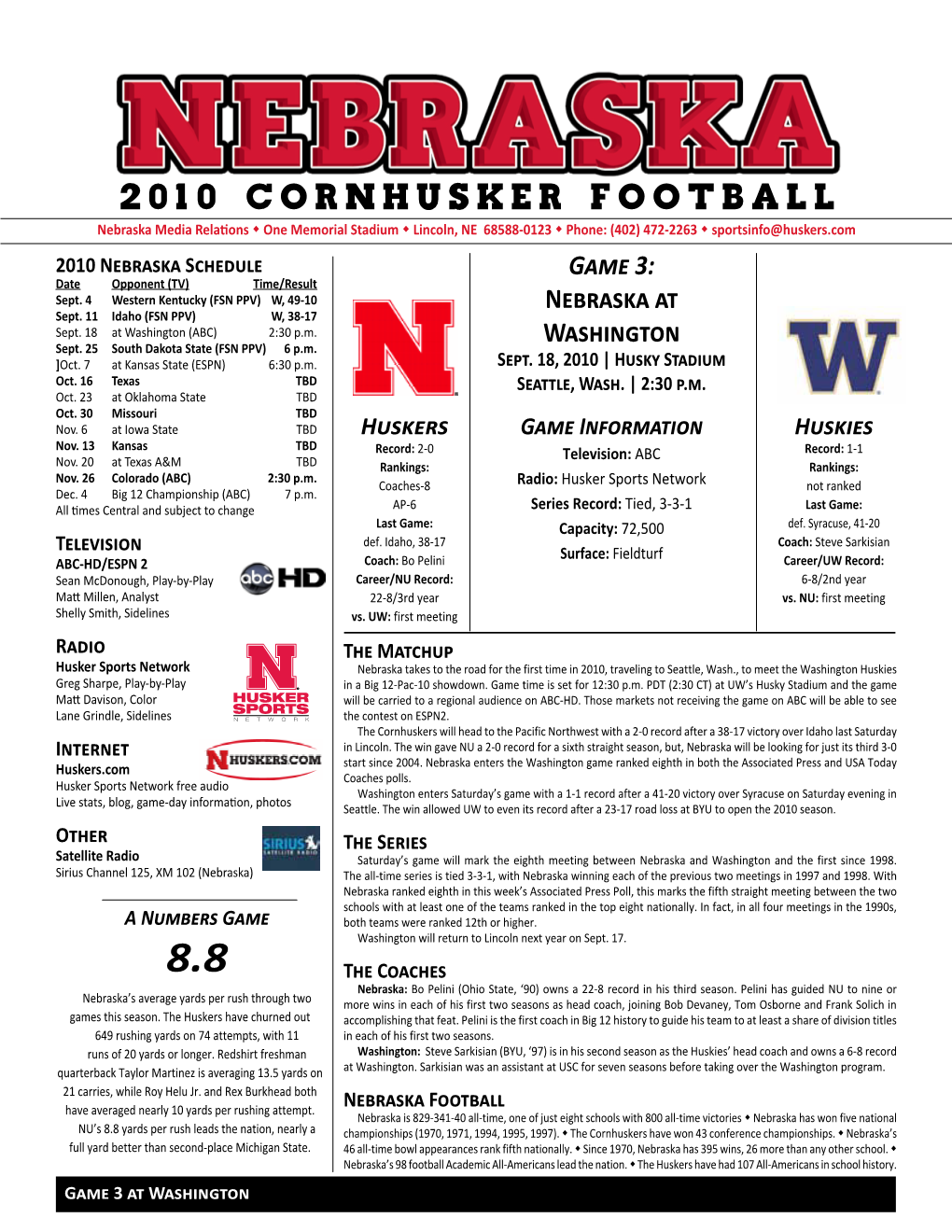 Game Notes 2010 Nebraska Football Huskers.Com Noting Pelini Nebraska Head Coach Bo Pelini Born: Dec