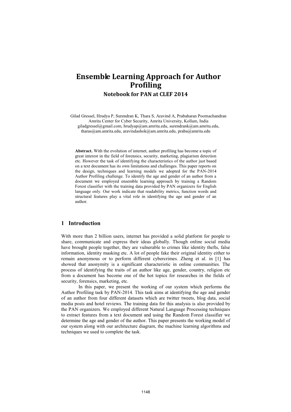 Ensemble Learning Approach for Author Profiling Notebook for PAN at CLEF 2014