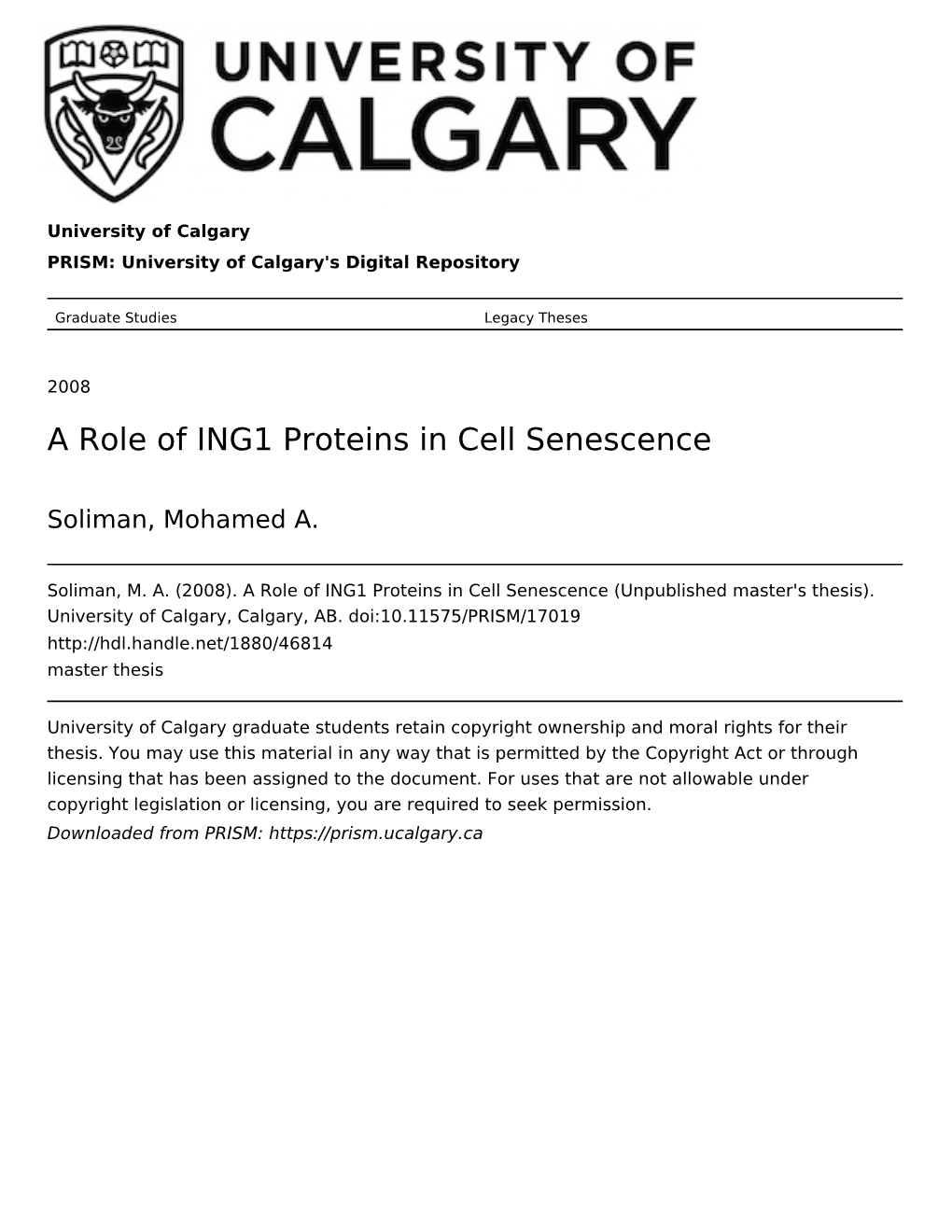 A Role of ING1 Proteins in Cell Senescence