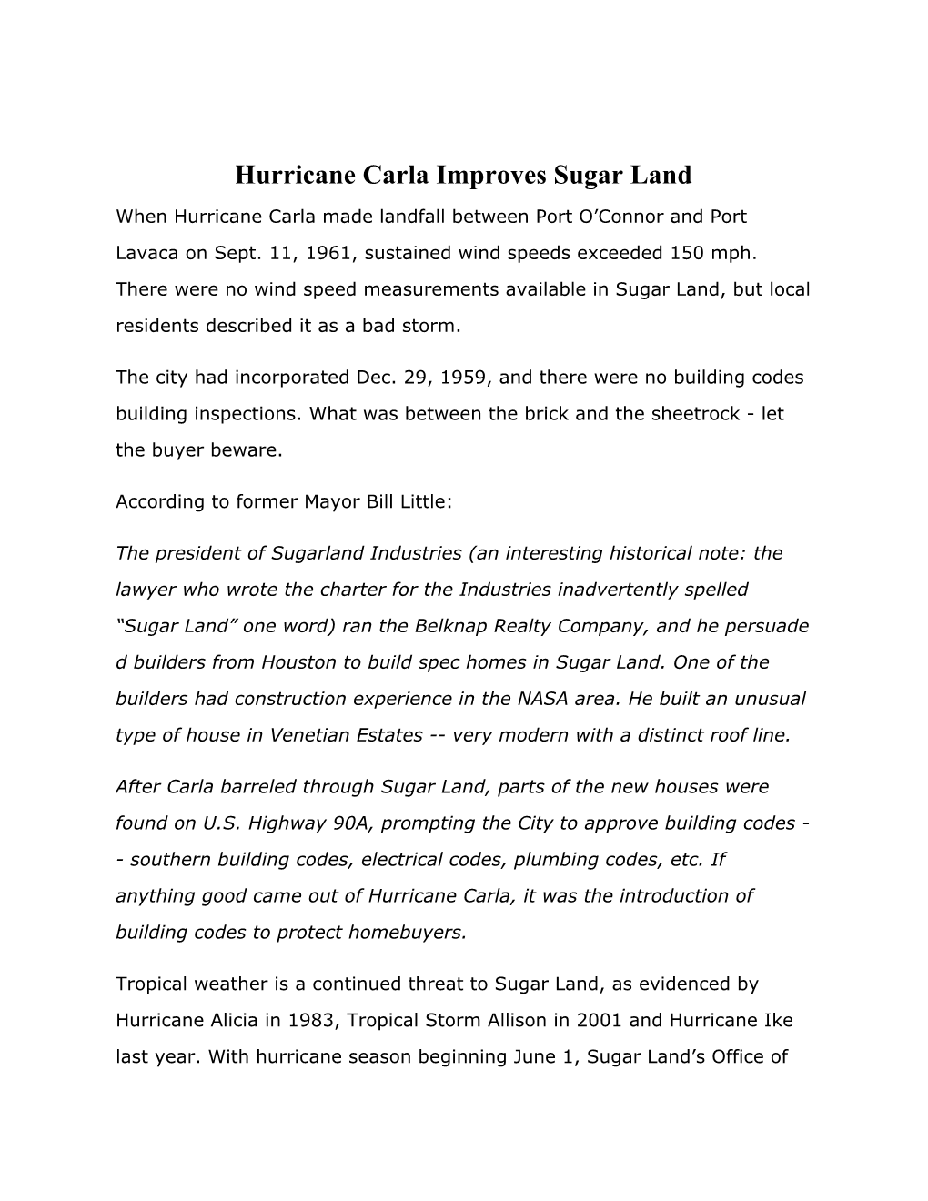 Hurricane Carla Improves Sugar Land