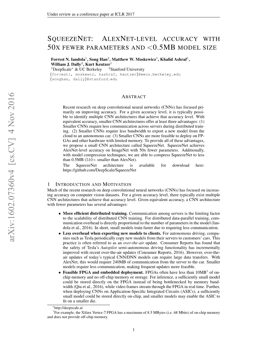 Squeezenet: Alexnet-Level Accuracy with 50X Fewer Parameters