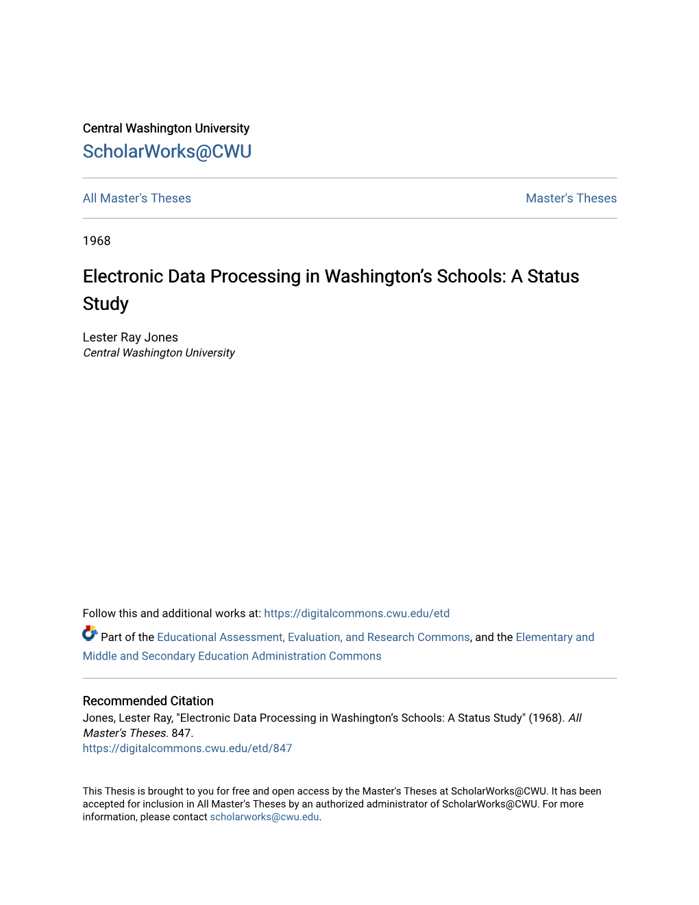 Electronic Data Processing in Washington's Schools: a Status Study