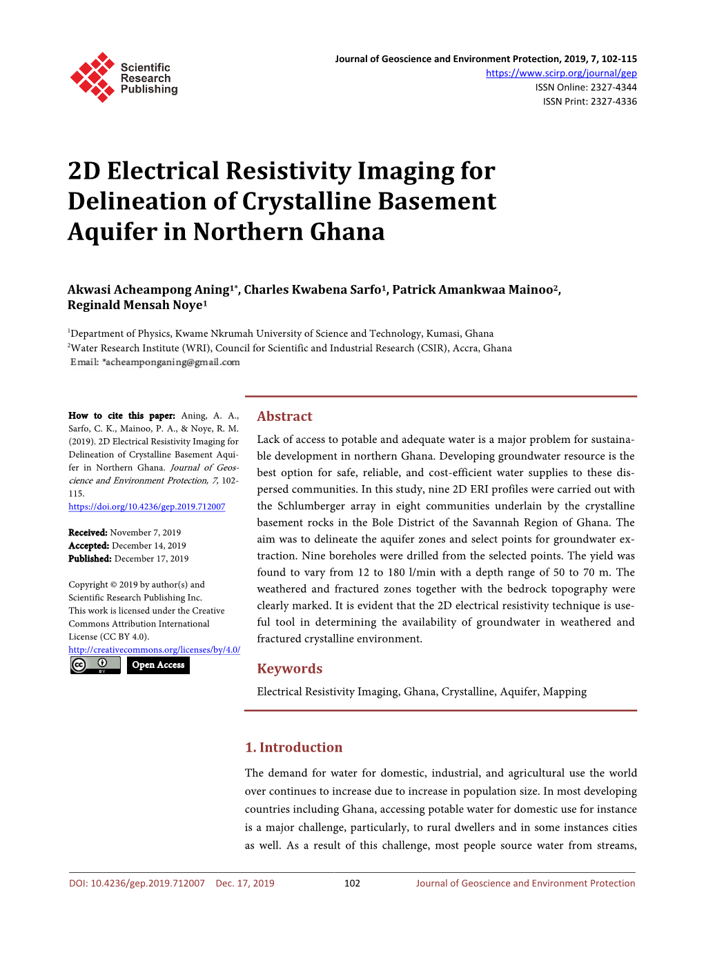 2D Electrical Resistivity Imaging for Delineation of Crystalline Basement Aquifer in Northern Ghana
