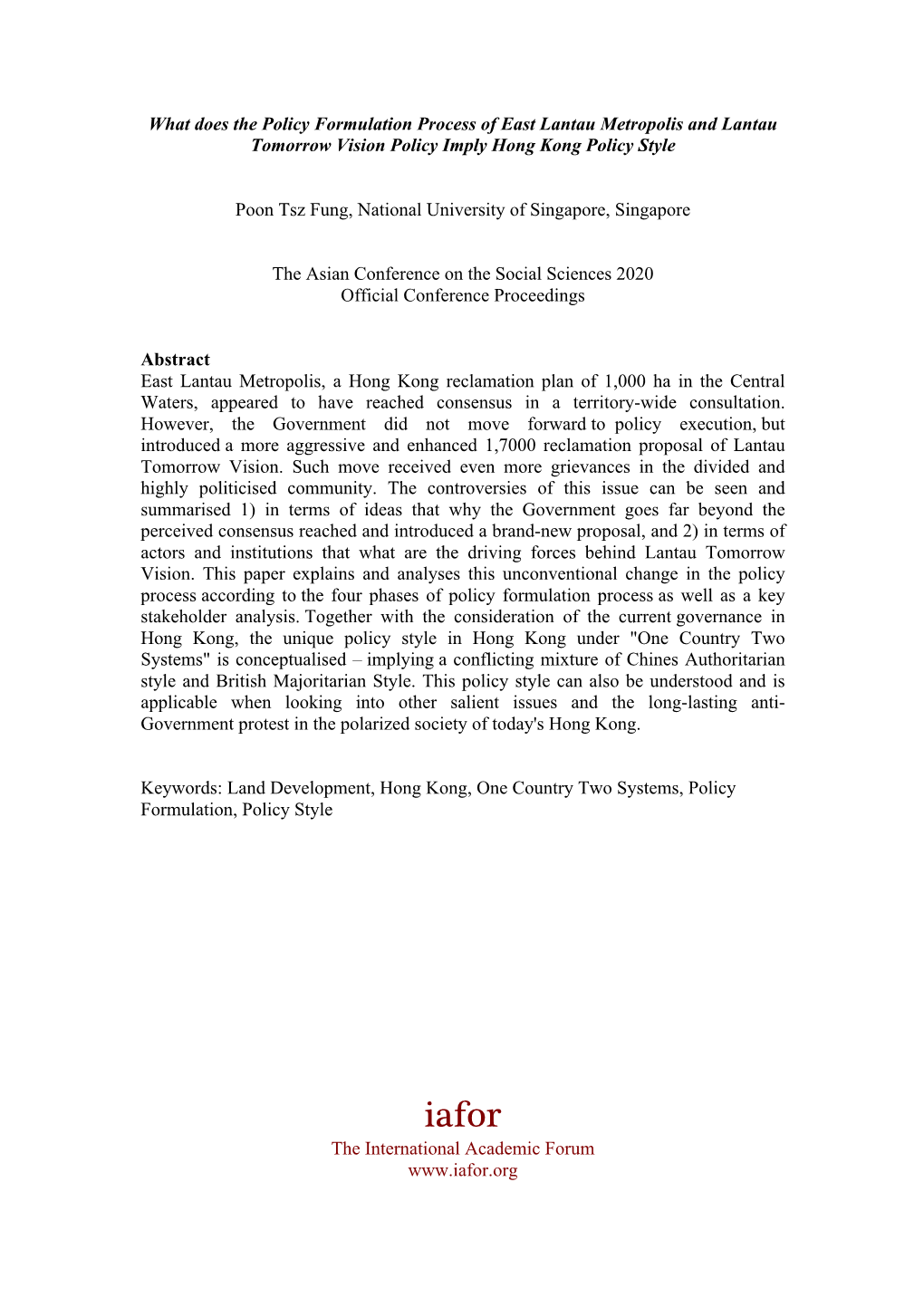 What Does the Policy Formulation Process of East Lantau Metropolis and Lantau Tomorrow Vision Policy Imply Hong Kong Policy Style