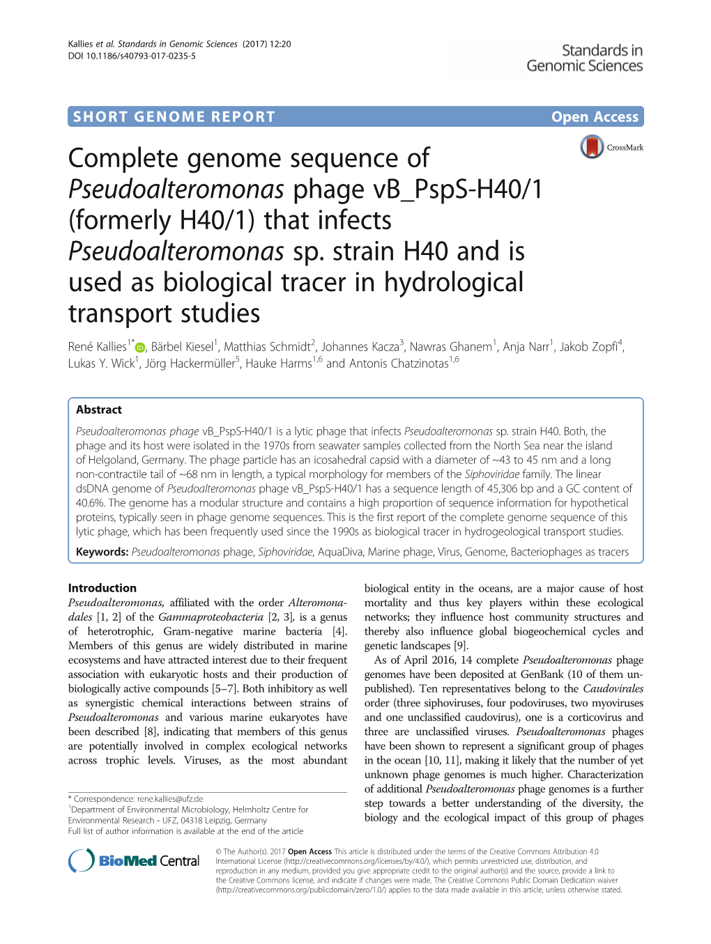 Complete Genome Sequence of Pseudoalteromonas Phage Vb Psps-H40/1 (Formerly H40/1) That Infects Pseudoalteromonas Sp