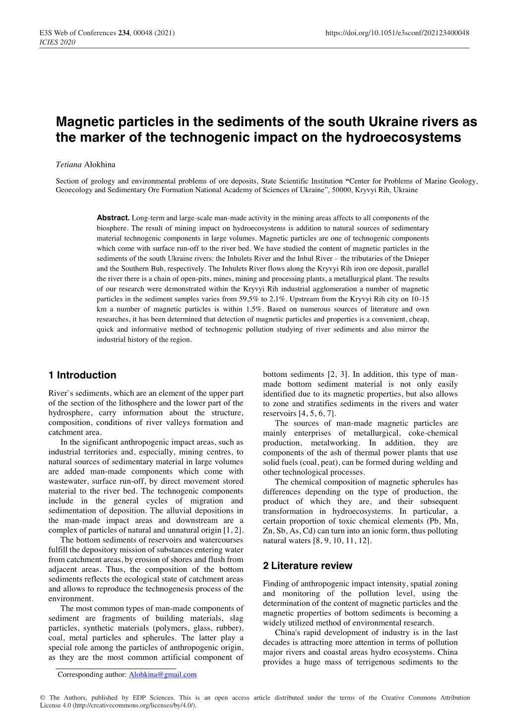 Magnetic Particles in the Sediments of the South Ukraine Rivers As the Marker of the Technogenic Impact on the Hydroecosystems