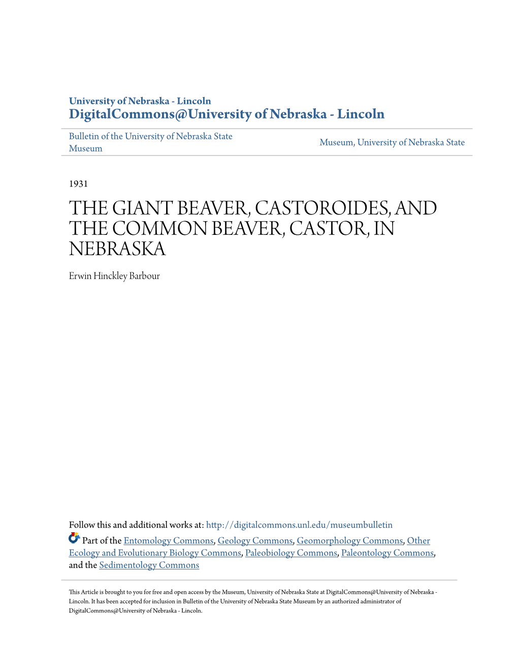 THE GIANT BEAVER, CASTOROIDES, and the COMMON BEAVER, CASTOR, in NEBRASKA Erwin Hinckley Barbour