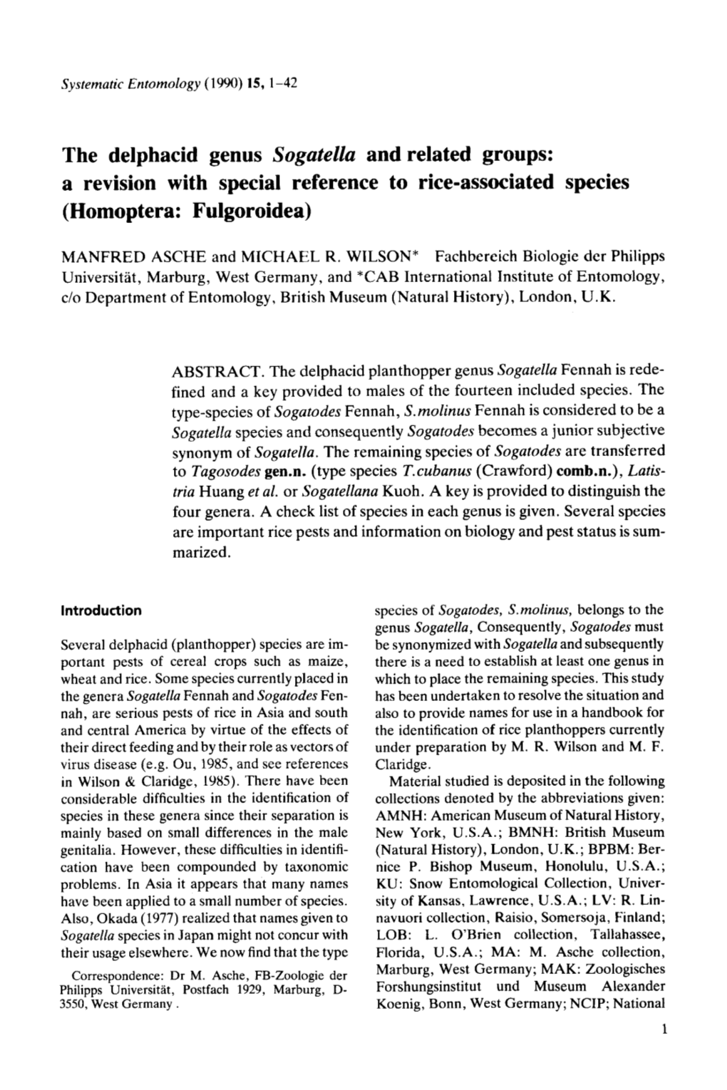 The Delphacid Genus Sogatella and Related Groups: a Revision with Special Reference to Rice-Associated Species (Hornoptera: Fulgoroidea)