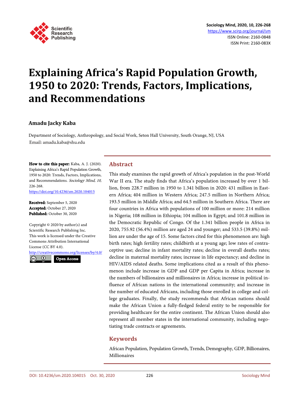 Explaining Africa's Rapid Population Growth, 1950 to 2020: Trends