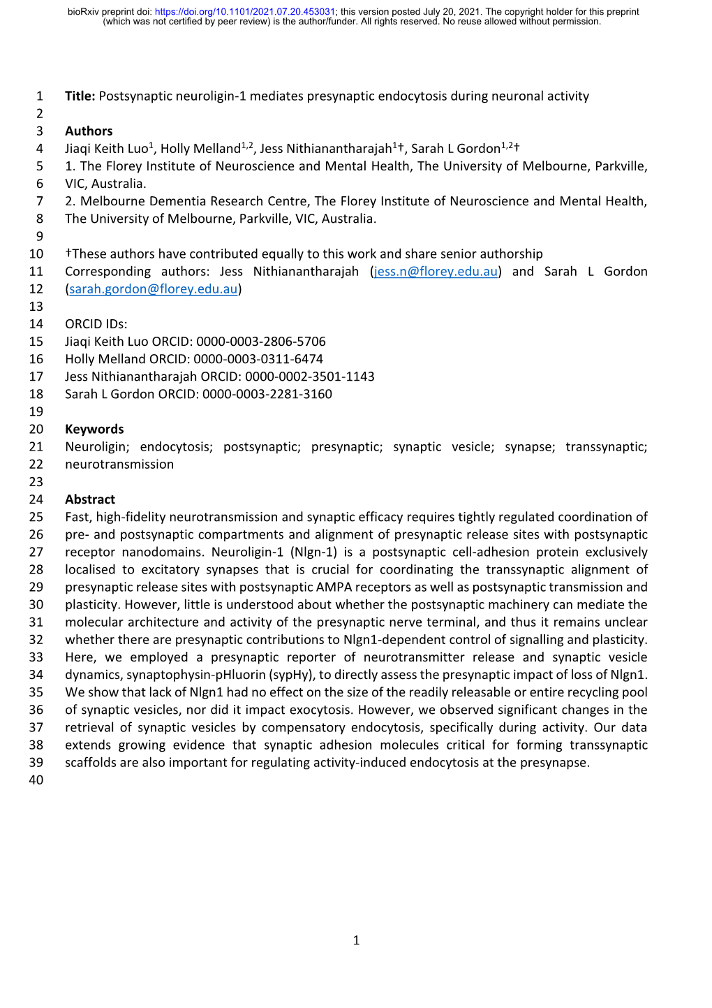 Postsynaptic Neuroligin-1 Mediates Presynaptic Endocytosis During