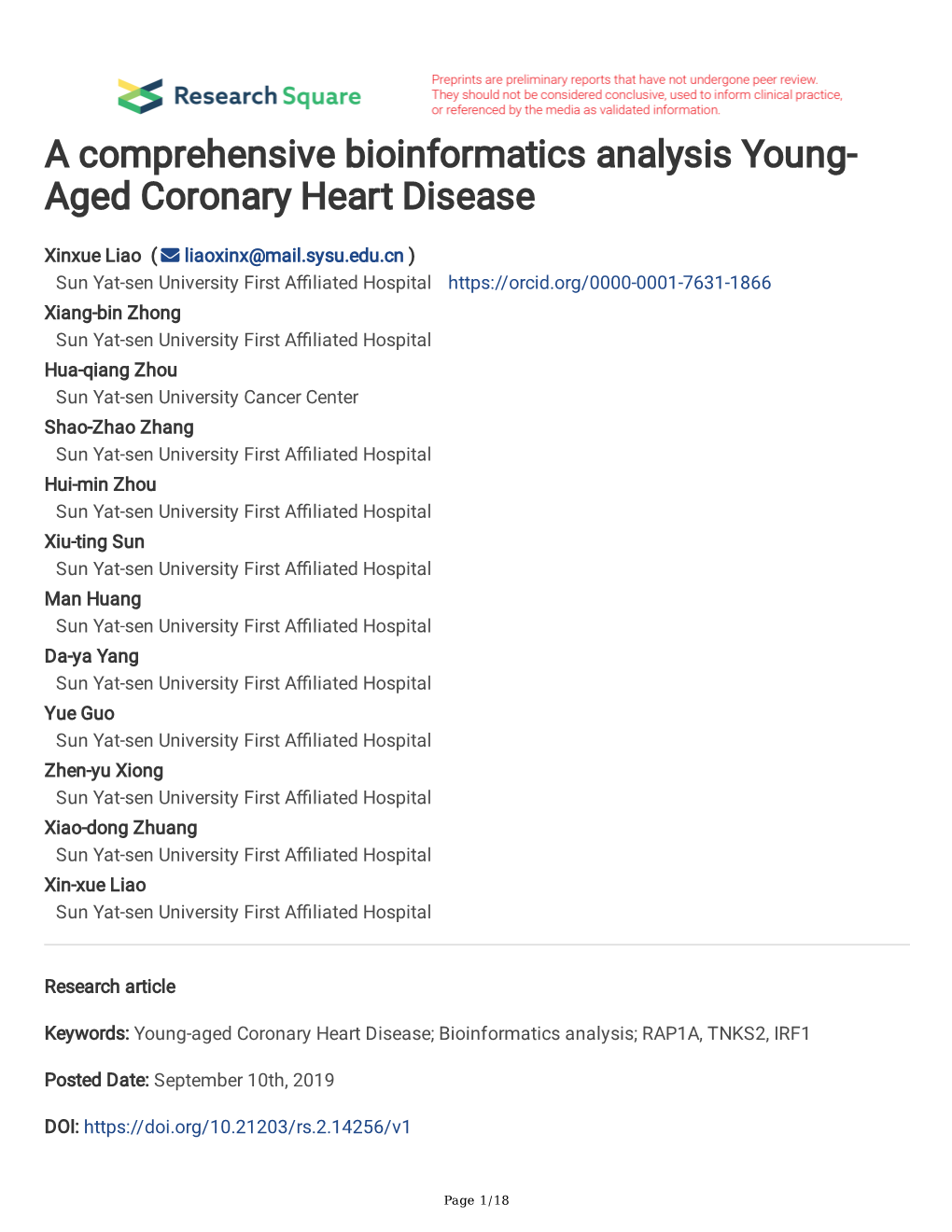 A Comprehensive Bioinformatics Analysis Young-Aged Coronary Heart Disease