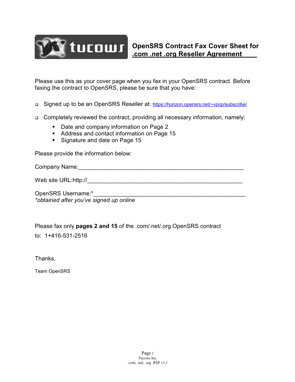 Opensrs Contract Fax Cover Sheet for .Com .Net .Org Reseller Agreement____