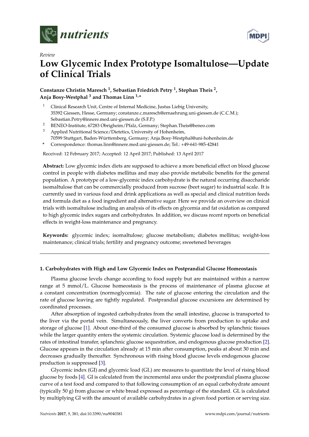 Low Glycemic Index Prototype Isomaltulose—Update of Clinical Trials