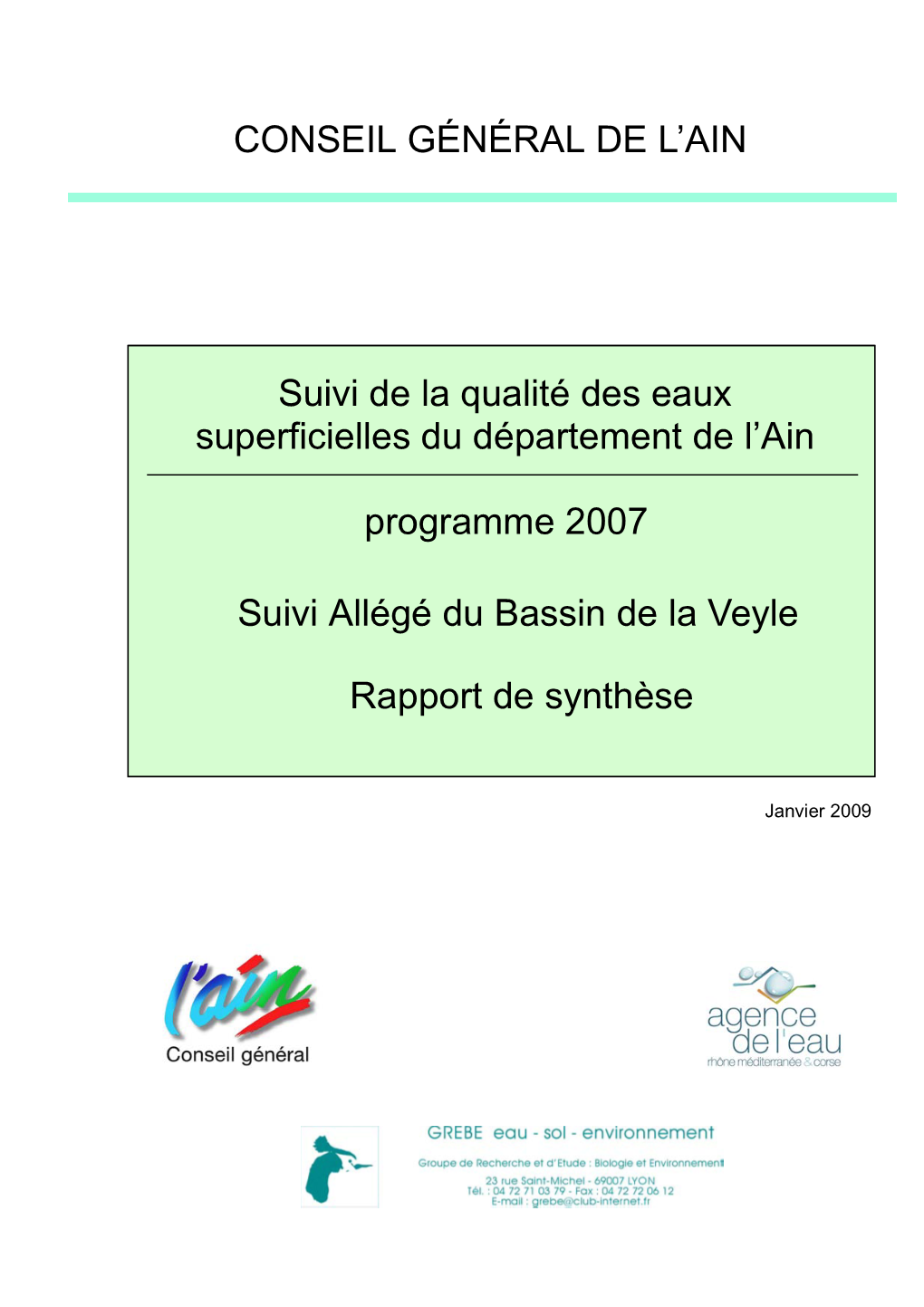 CONSEIL GÉNÉRAL DE L'ain Suivi De La Qualité Des Eaux Superficielles