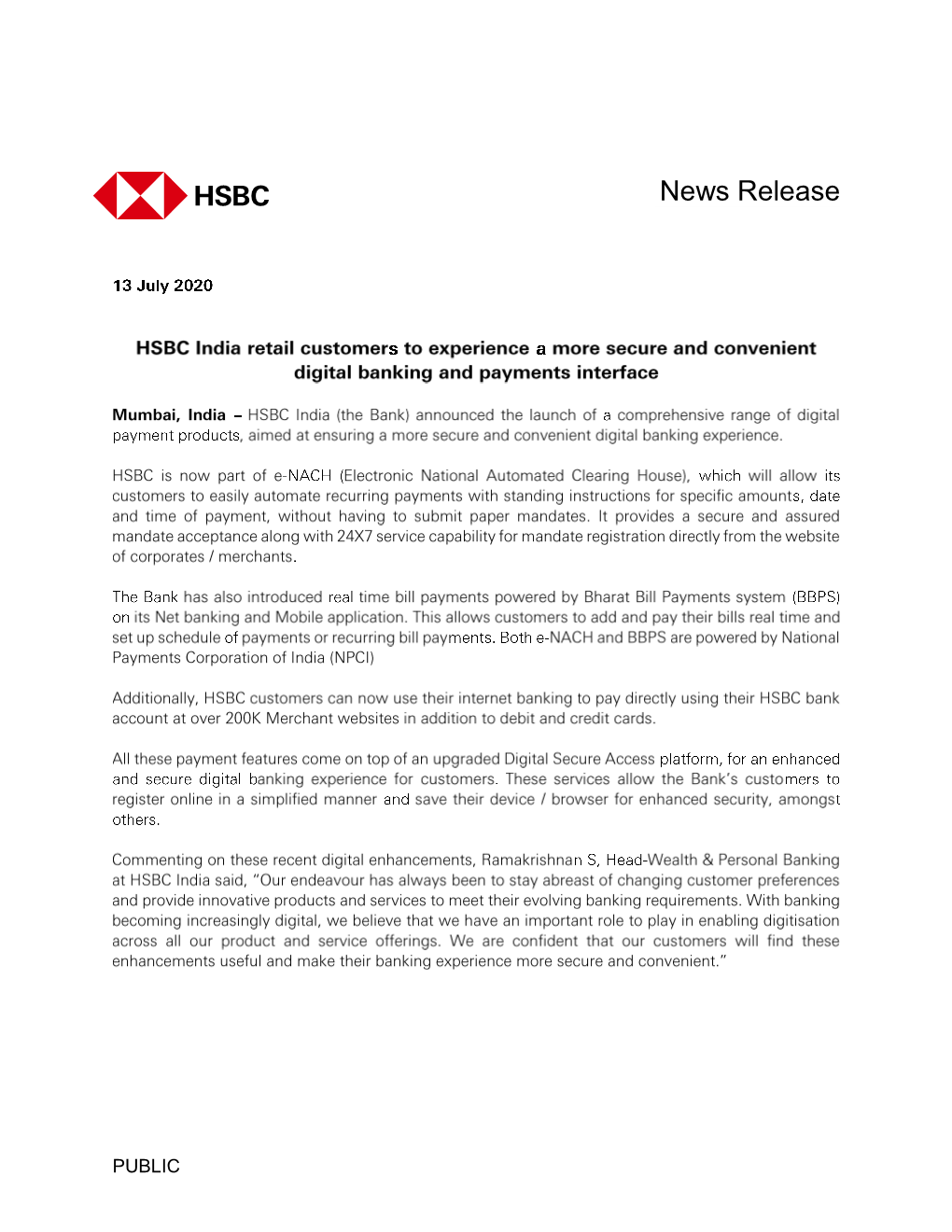 HSBC India Retail Customers to Experience a More Secure and Convenient Digital Banking and Payments Interface