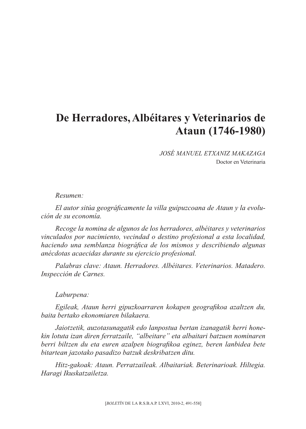 De Herradores, Albéitares Y Veterinarios De Ataun (1746-1980)