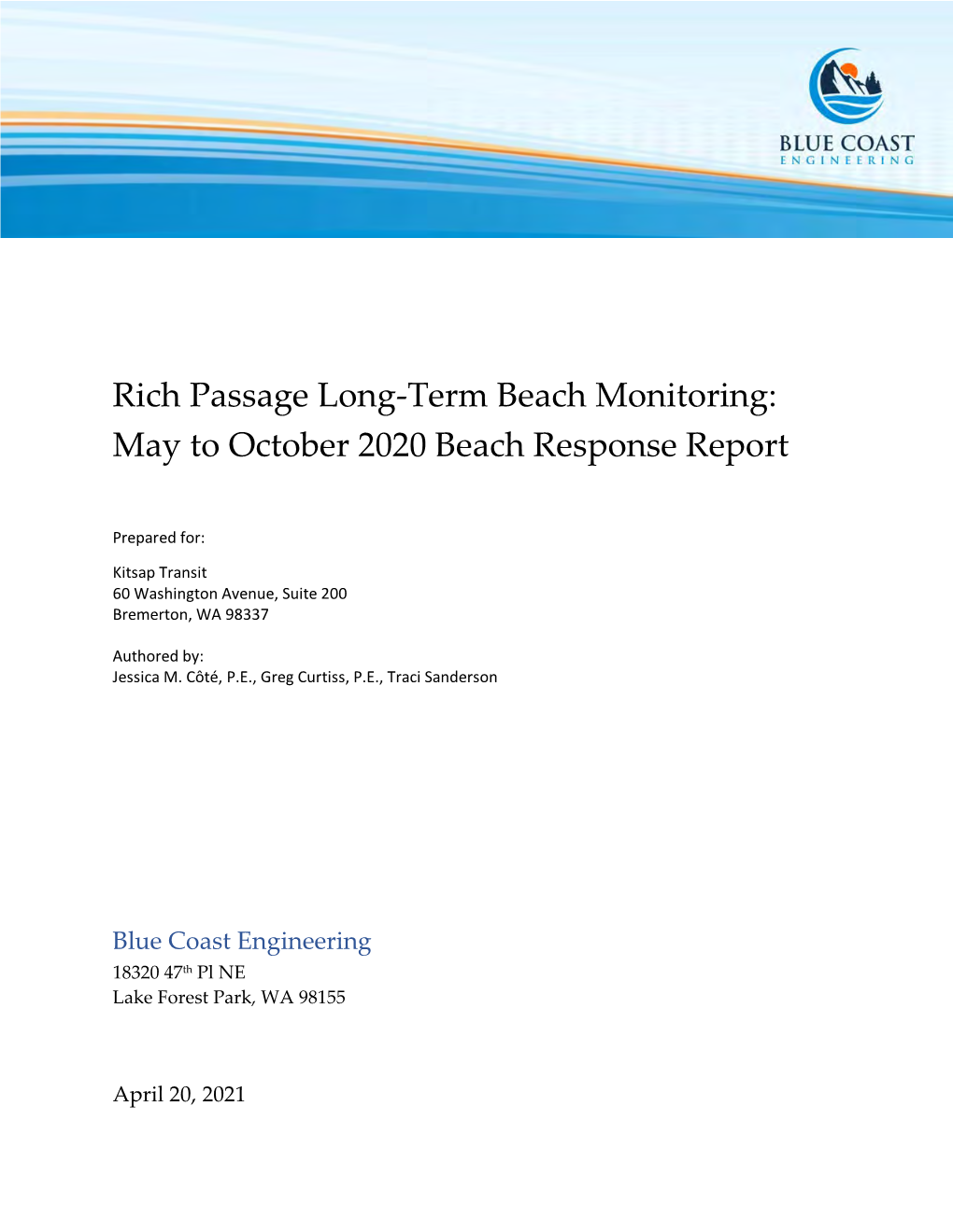 Rich Passage Long-Term Beach Monitoring: May to October 2020 Beach Response Report
