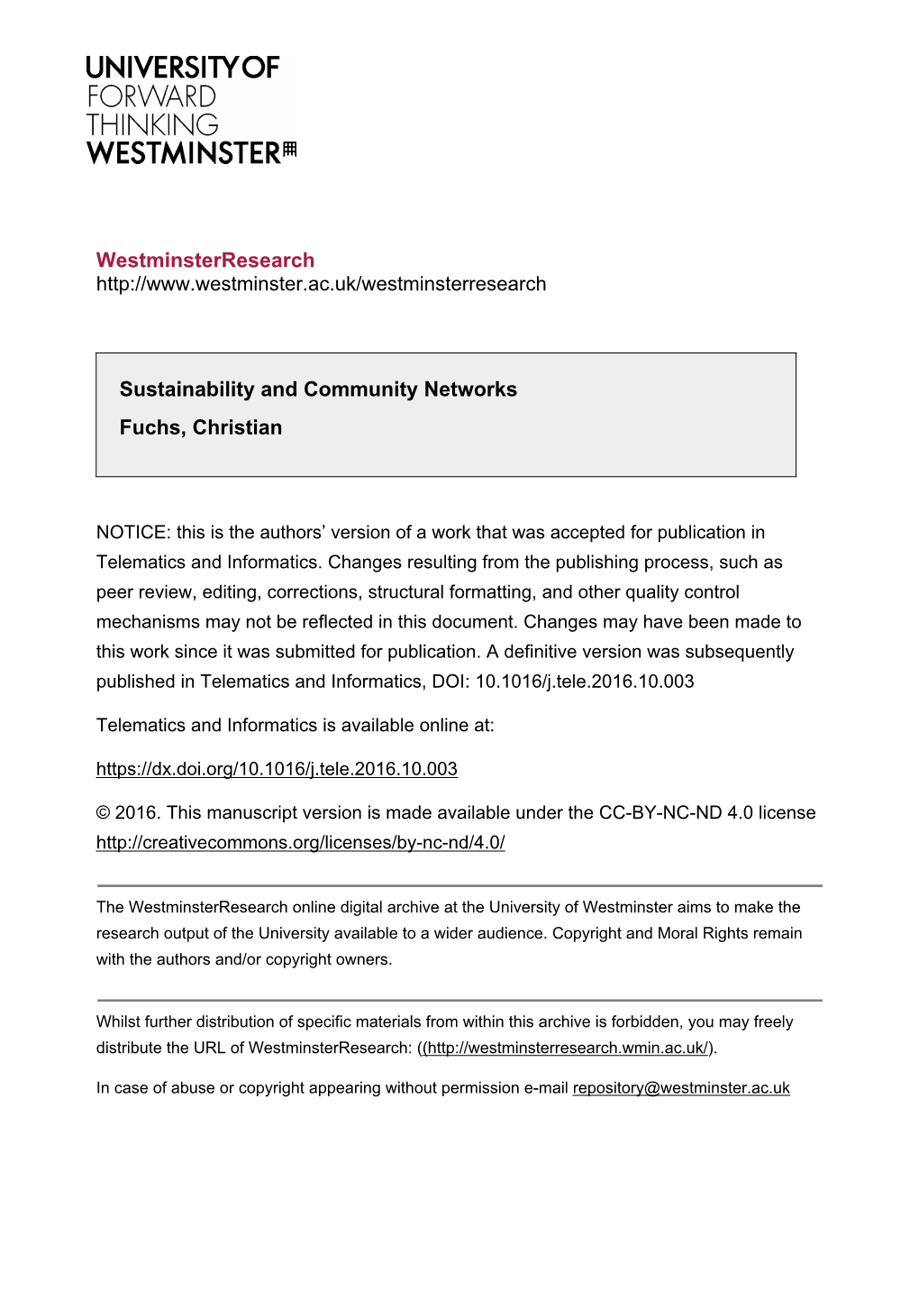 Sustainability and Community Networks Fuchs, Christian