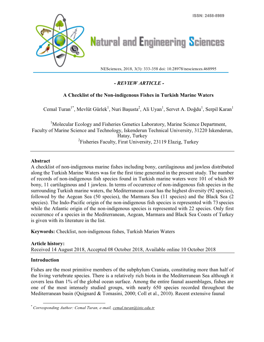 A Checklist of the Non-Indigenous Fishes in Turkish Marine Waters