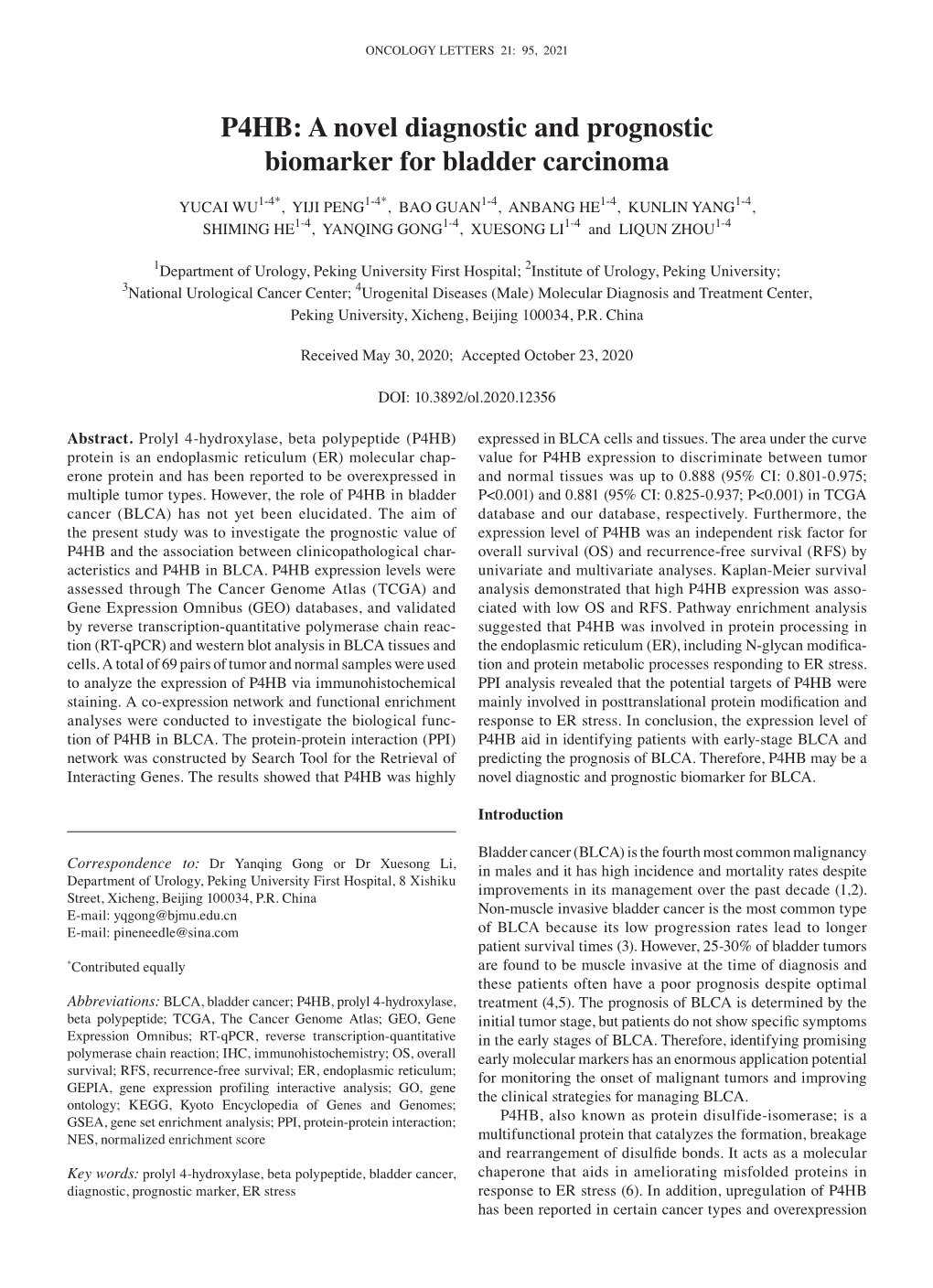 A Novel Diagnostic and Prognostic Biomarker for Bladder Carcinoma