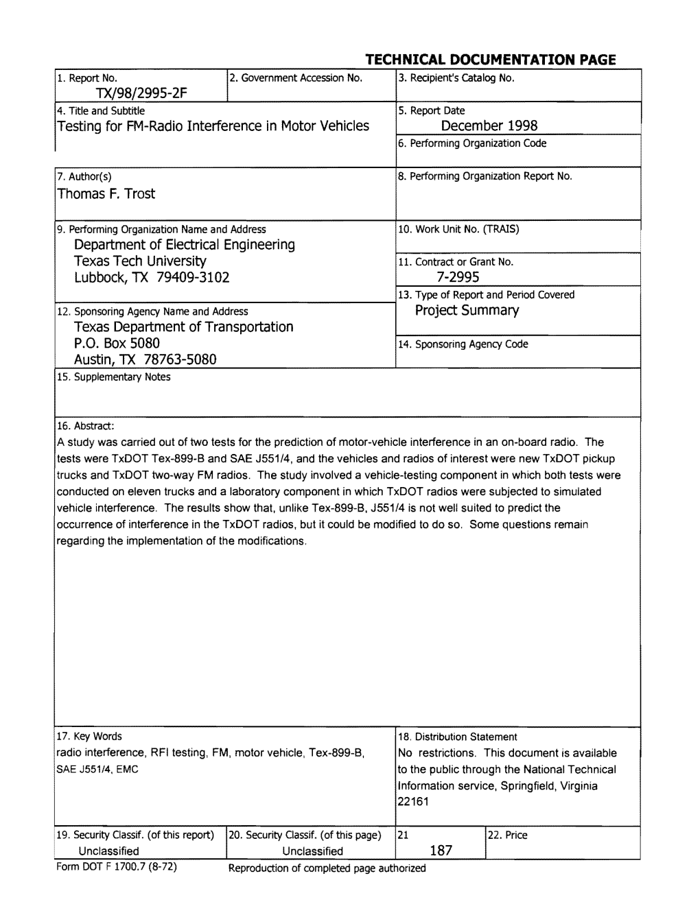 Testing for FM-Radio Interference in Motor Vehicles December 1998 6