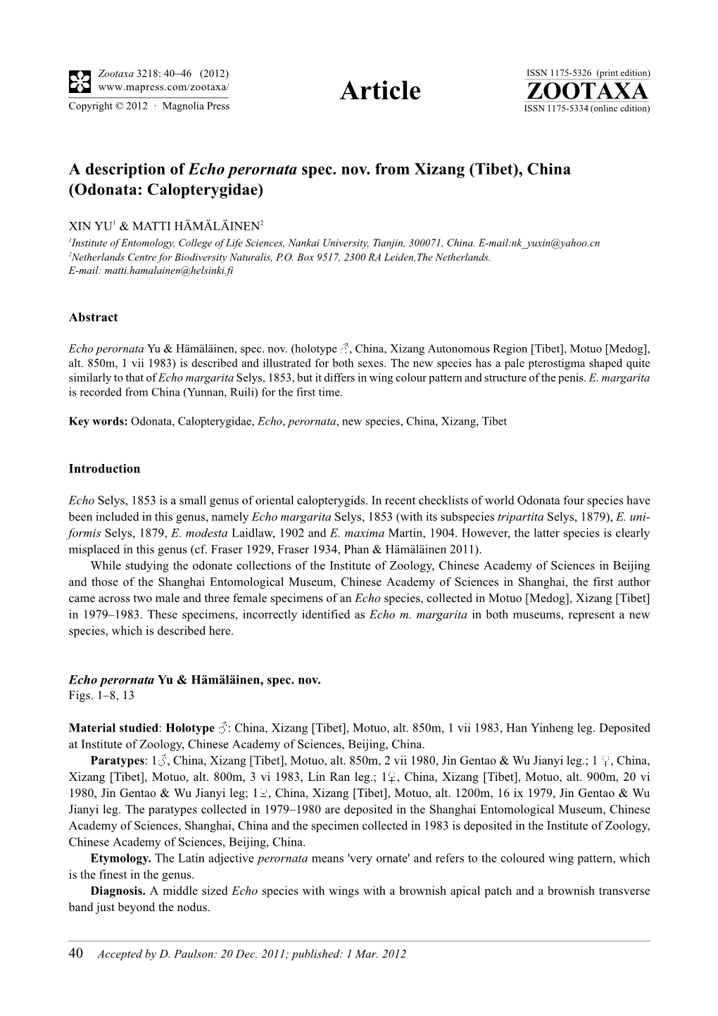 A Description of Echo Perornata Spec. Nov. from Xizang (Tibet), China (Odonata: Calopterygidae)