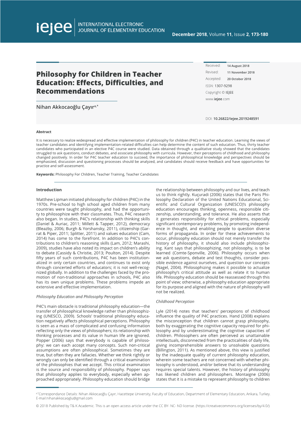 Philosophy for Children in Teacher Education/ Akkocaoğlu Çayır