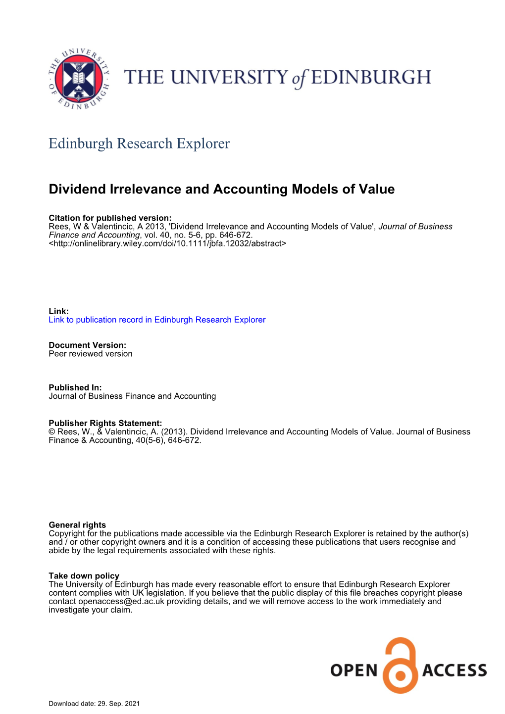 Dividend Irrelevance and Accounting Models of Value