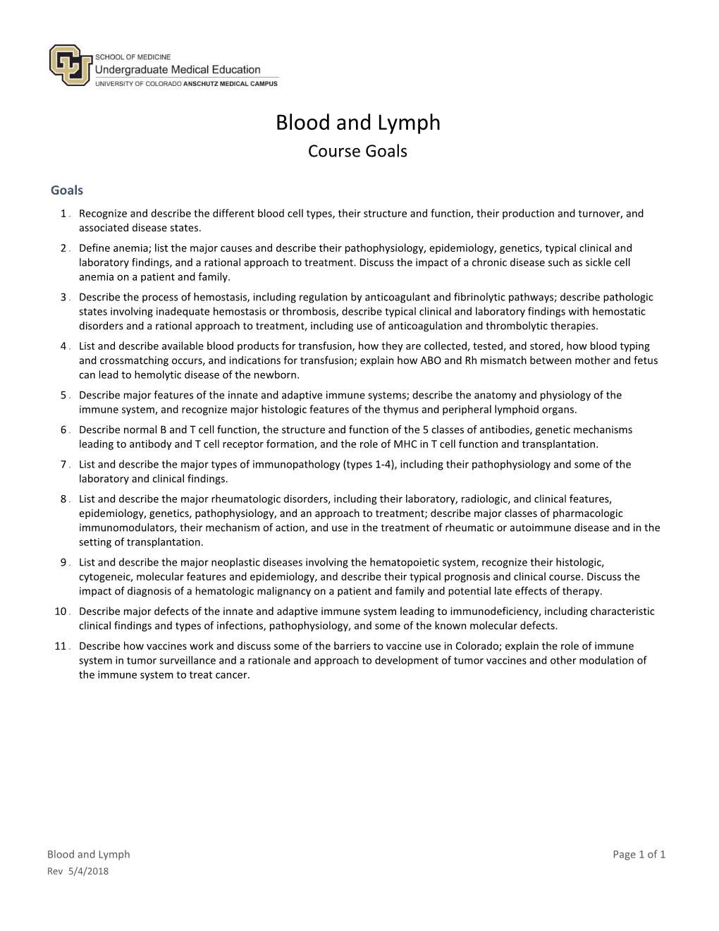 Blood and Lymph Course Goals