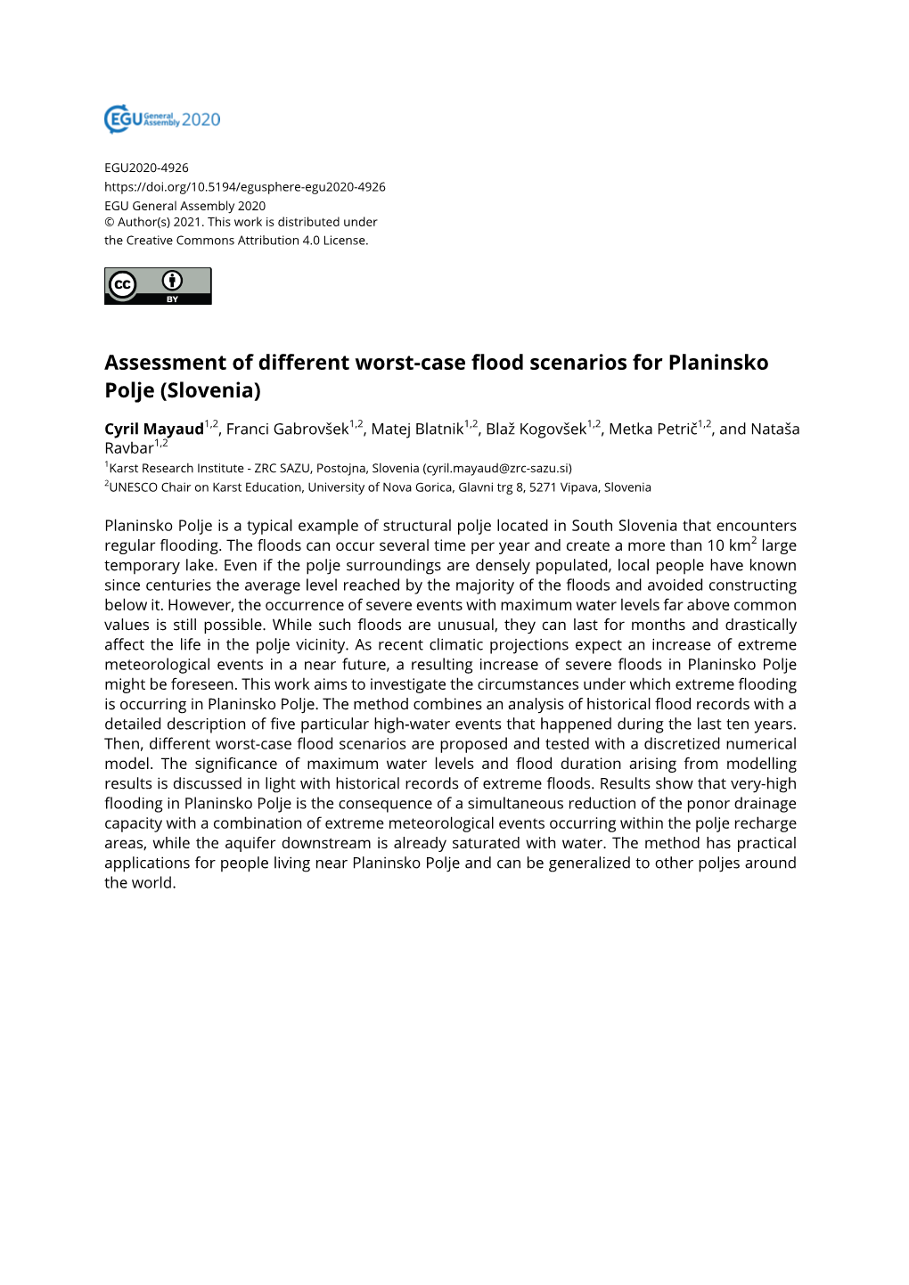 Assessment of Different Worst-Case Flood Scenarios for Planinsko Polje (Slovenia)