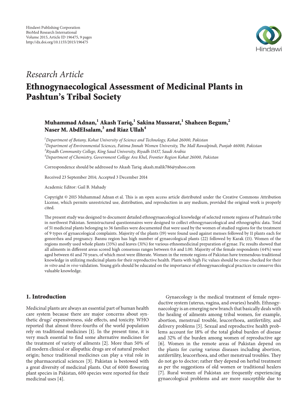 Ethnogynaecological Assessment of Medicinal Plants in Pashtun's Tribal Society