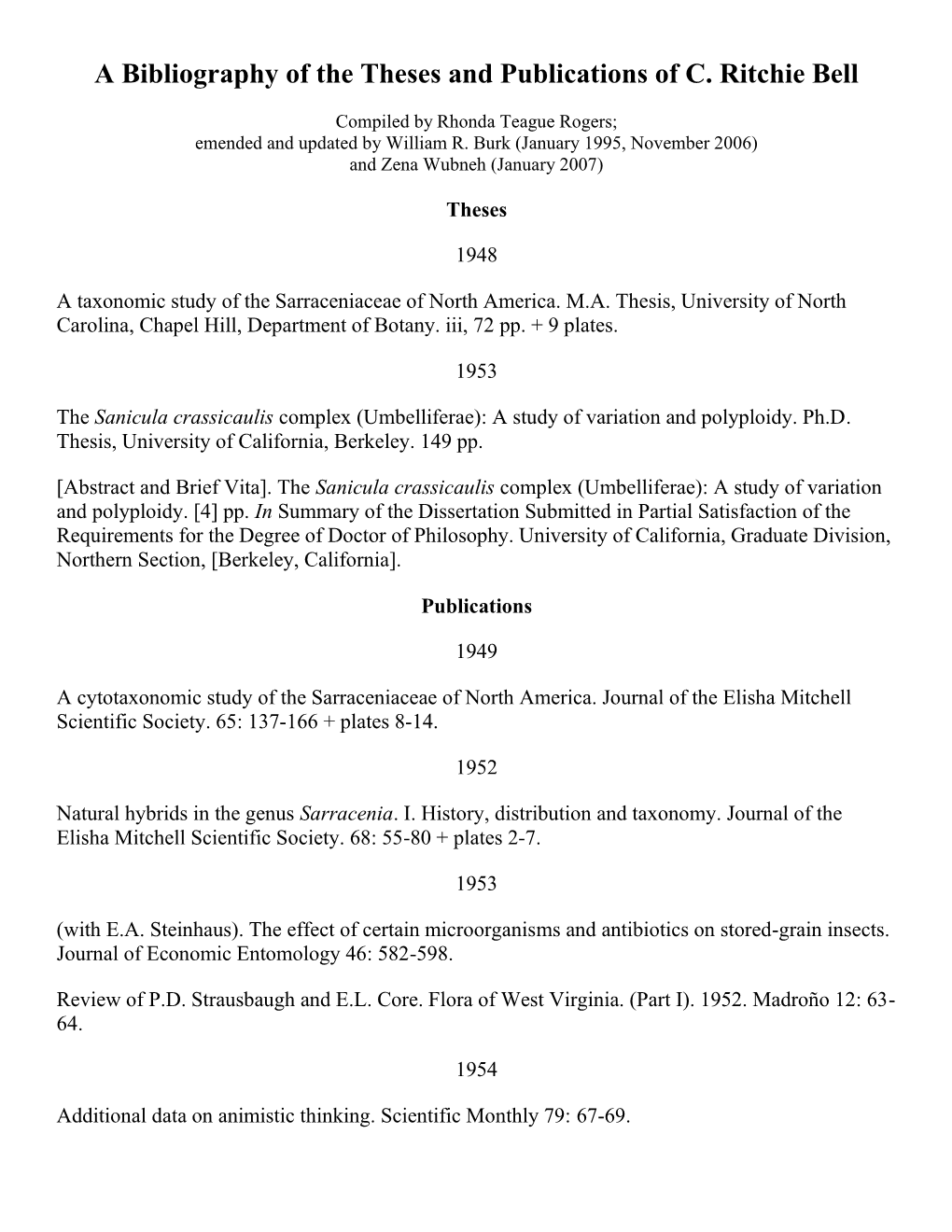 A Bibliography of the Theses and Publications of C. Ritchie Bell