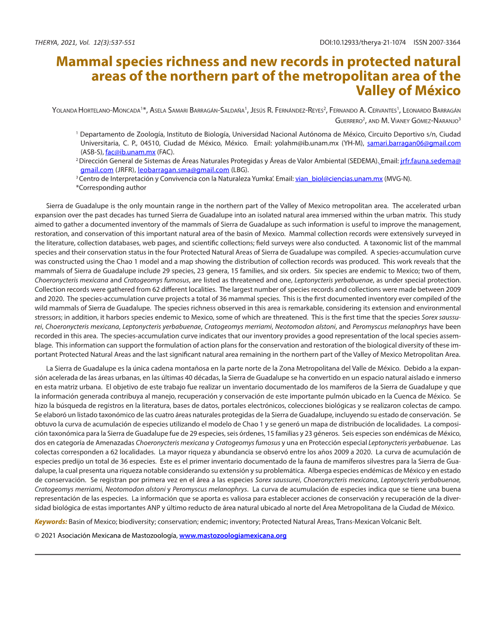 Mammal Species Richness and New Records in Protected Natural Areas of the Northern Part of the Metropolitan Area of the Valley of México