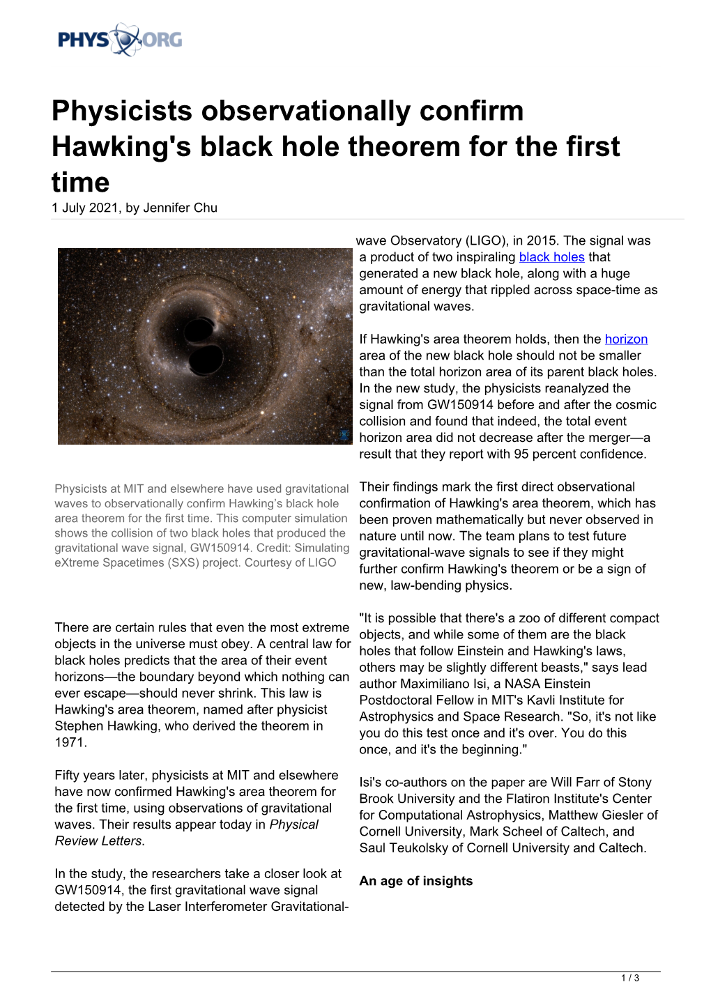 Physicists Observationally Confirm Hawking's Black Hole Theorem for the First Time 1 July 2021, by Jennifer Chu