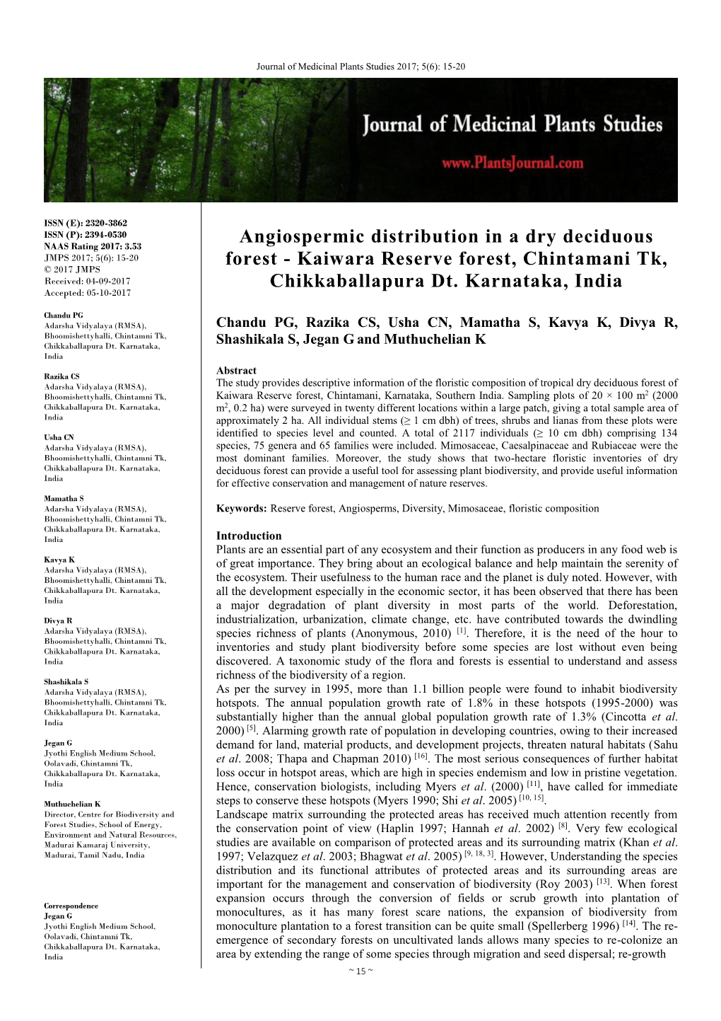 Angiospermic Distribution in a Dry Deciduous Forest