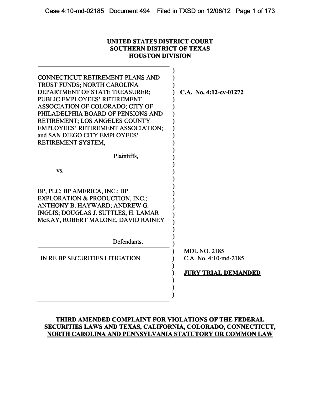 In Re: BP P.L.C. Securities Litigation 10-MD-02185-Third Amended