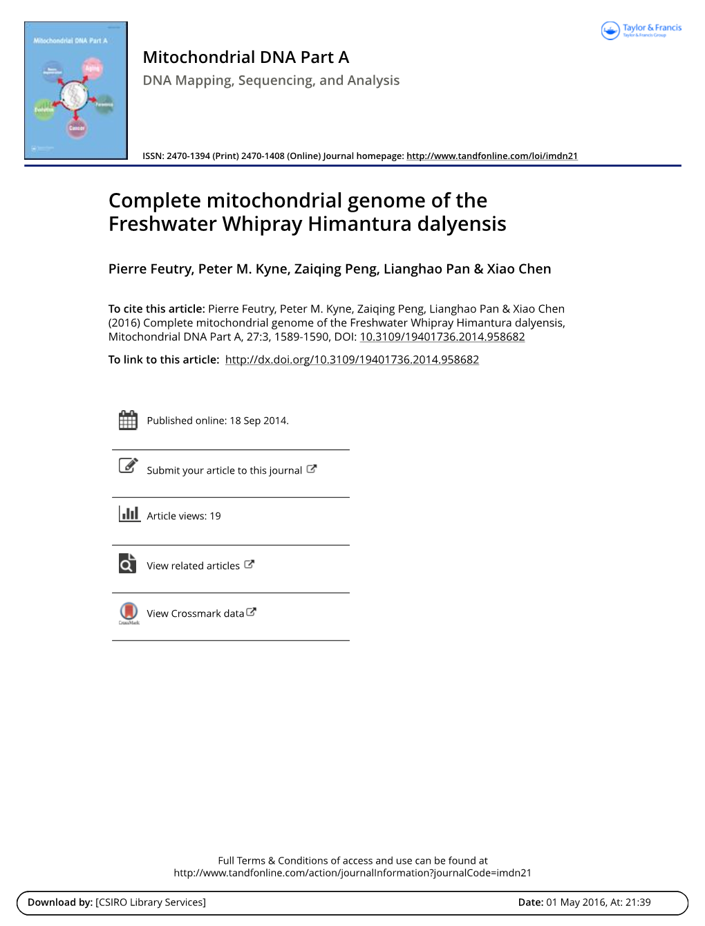 Complete Mitochondrial Genome of the Freshwater Whipray Himantura Dalyensis