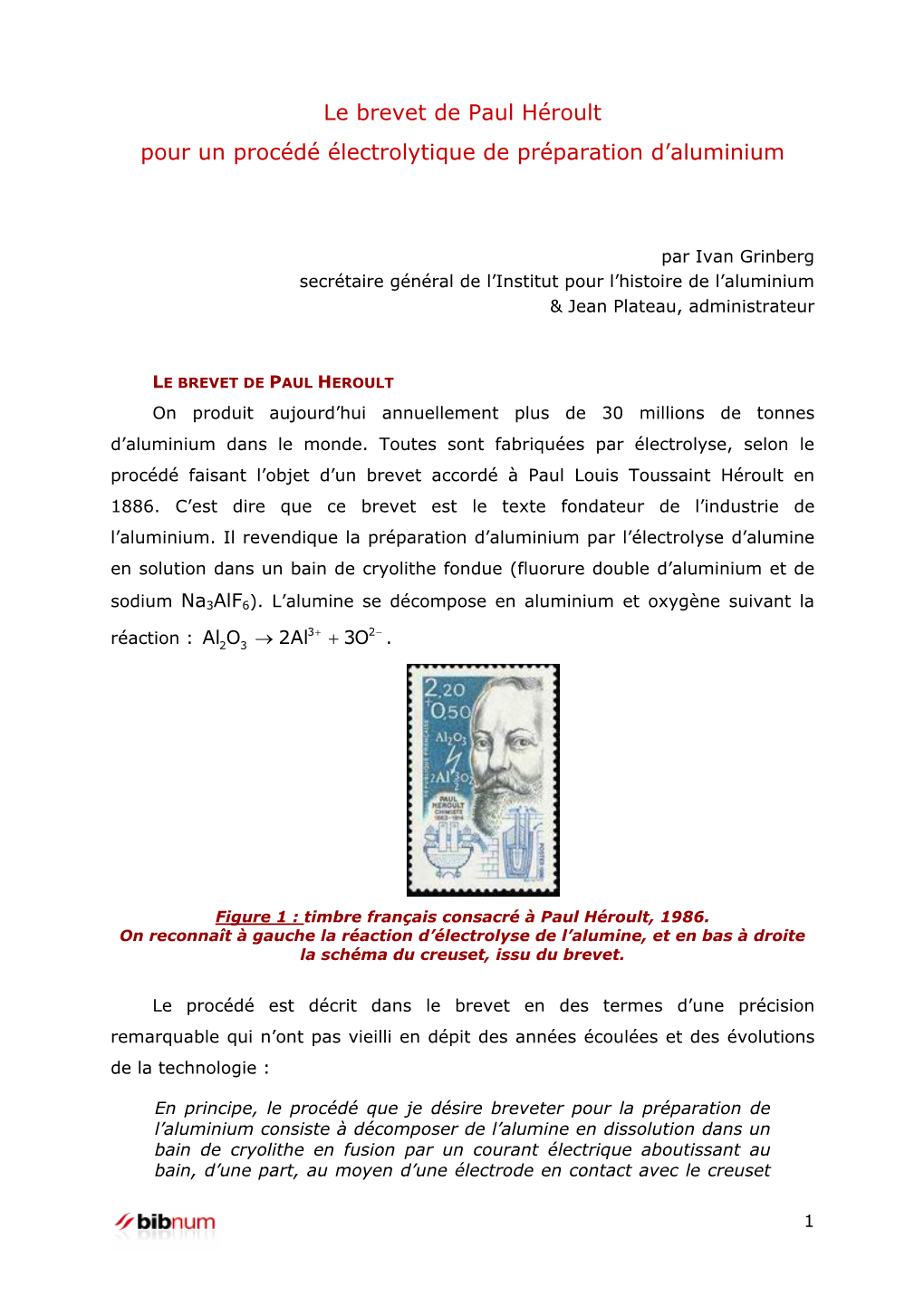 Le Brevet De Paul Héroult Pour Un Procédé Électrolytique De Préparation D’Aluminium