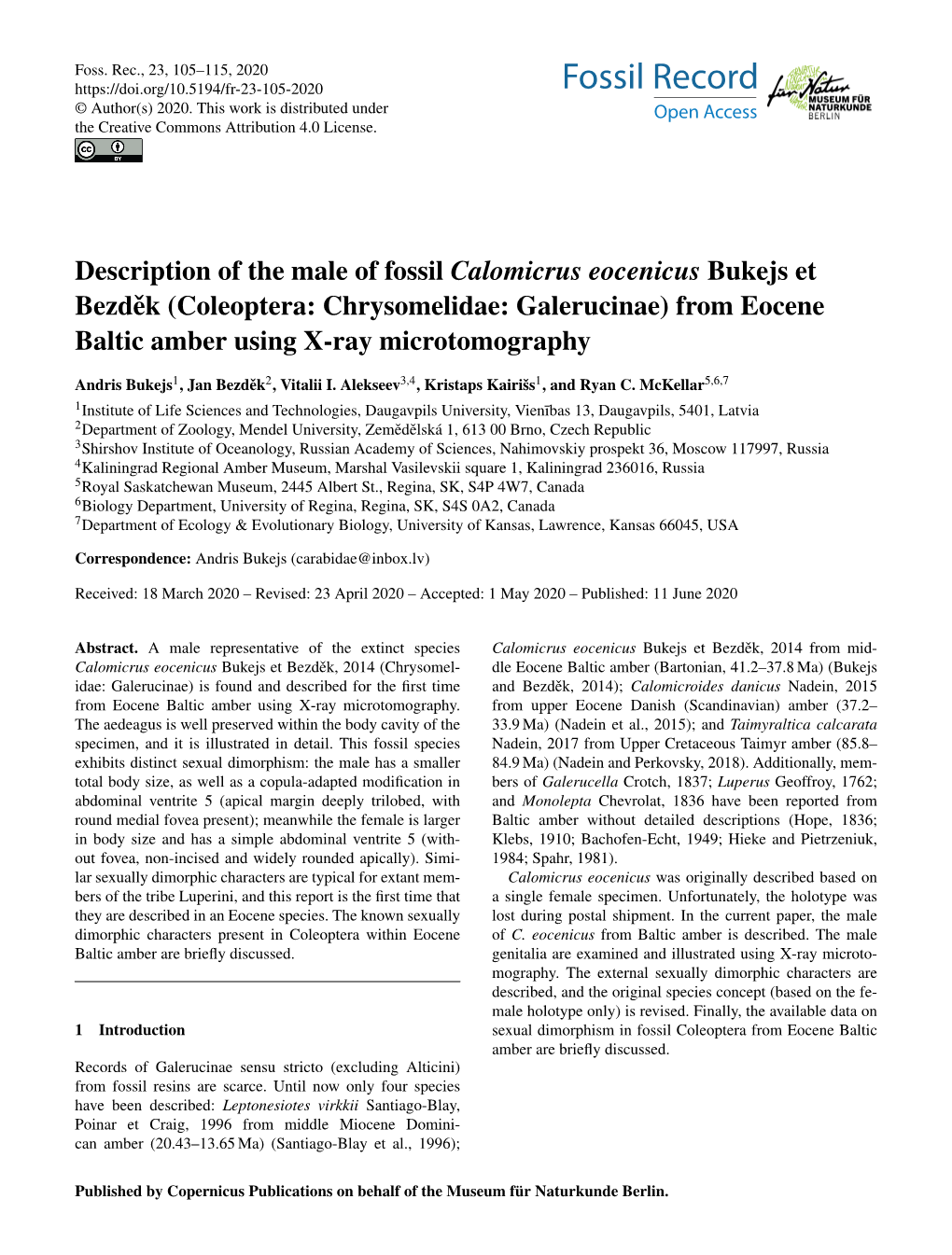 Description of the Male of Fossil Calomicrus Eocenicus Bukejs Et Bezdekˇ (Coleoptera: Chrysomelidae: Galerucinae) from Eocene Baltic Amber Using X-Ray Microtomography