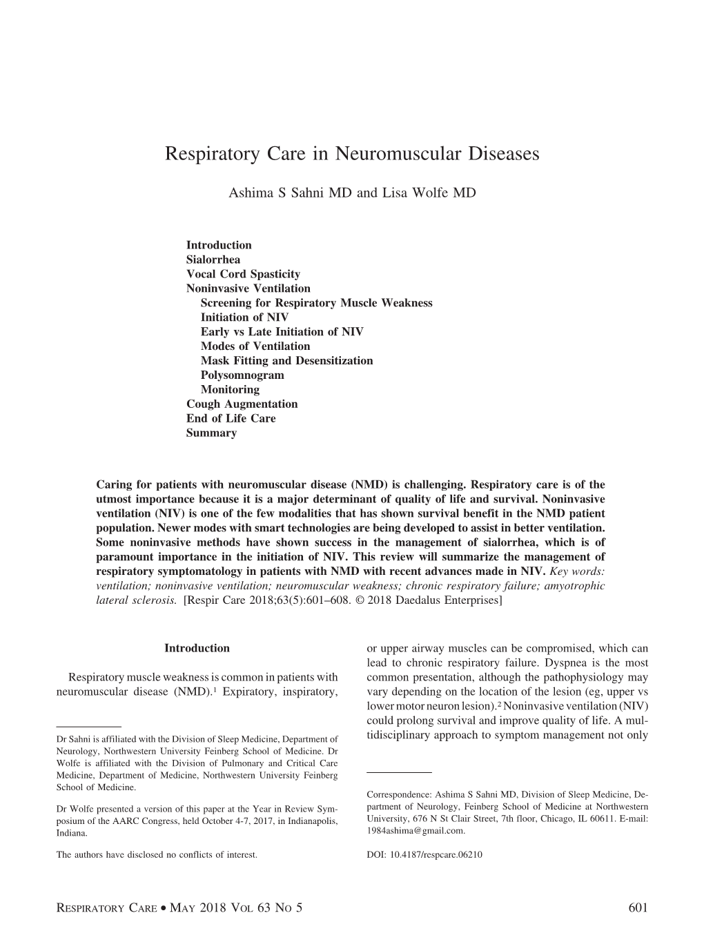 Respiratory Care in Neuromuscular Diseases
