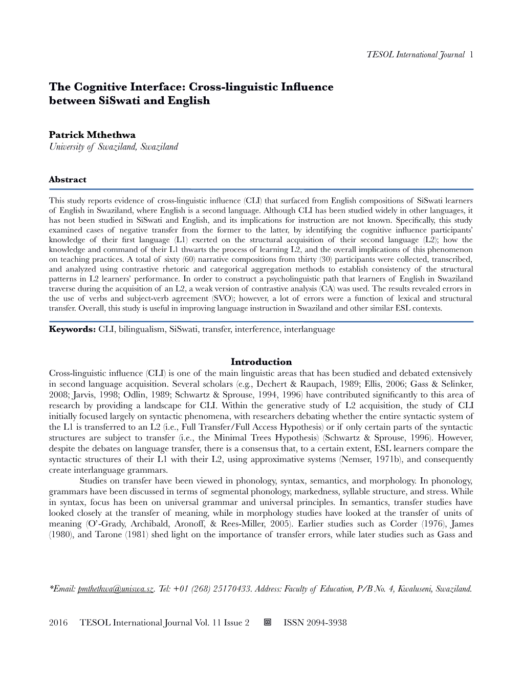 The Cognitive Interface: Cross-Linguistic InUence Between Siswati and English