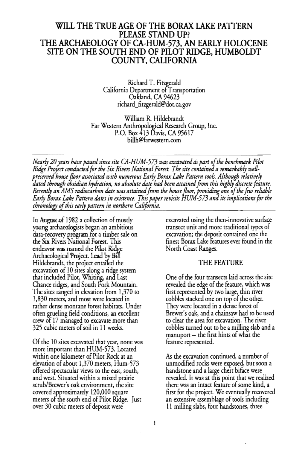 The Archaeology of Ca-Hum-573, an Early Holocene Site on the South End of Pilot Ridge, Humboldt \~I 61 County, California