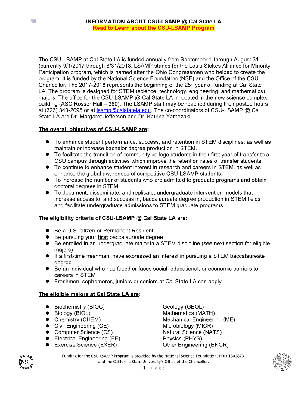 INFORMATION ABOUT CSU-LSAMP Cal State LA