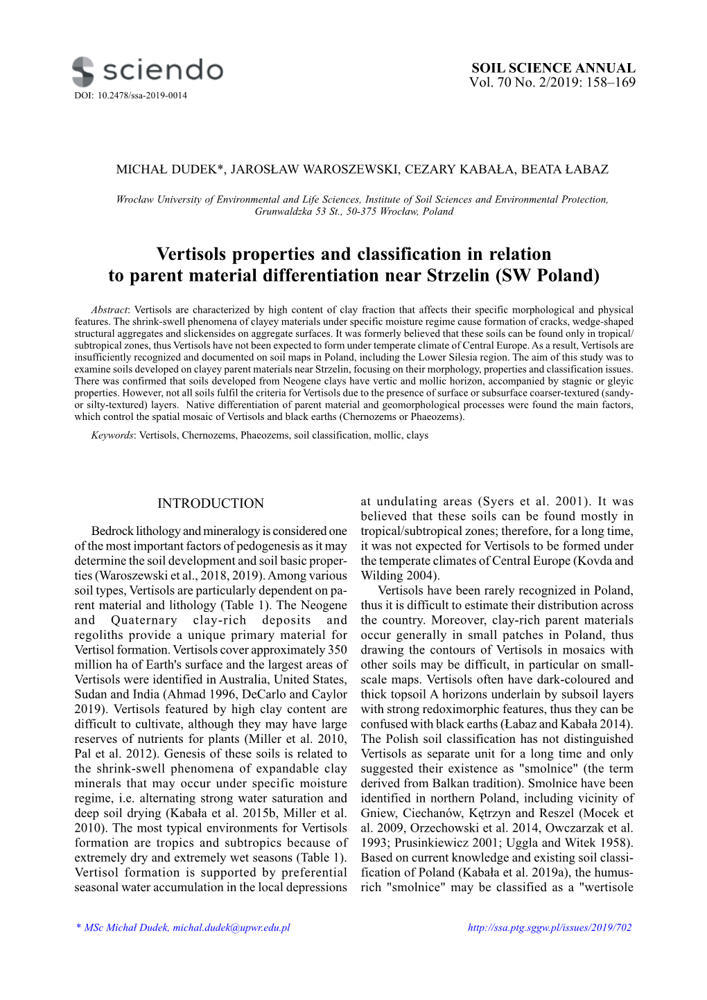 Vertisols Properties and Classification in Relation to Parent Material Differentiation Near Strzelin (SW Poland)