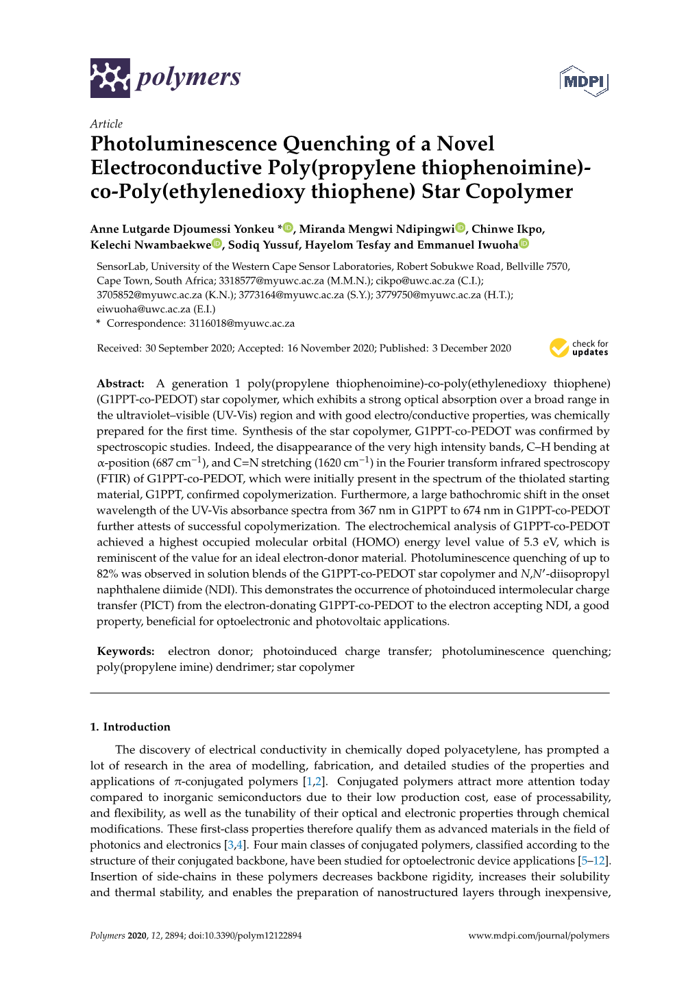 Photoluminescence Quenching of a Novel Electroconductive Poly(Propylene Thiophenoimine)- Co-Poly(Ethylenedioxy Thiophene) Star Copolymer