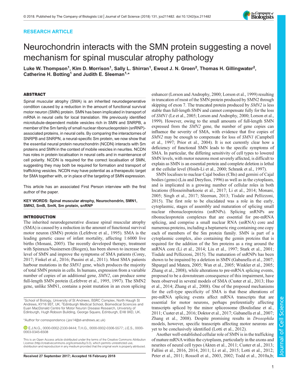 Neurochondrin Interacts with the SMN Protein Suggesting a Novel Mechanism for Spinal Muscular Atrophy Pathology Luke W