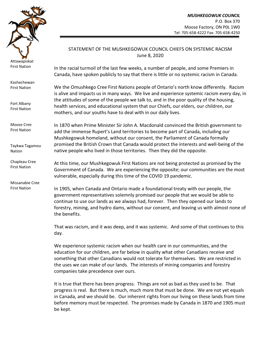Statement of the Mushkegowuk Council