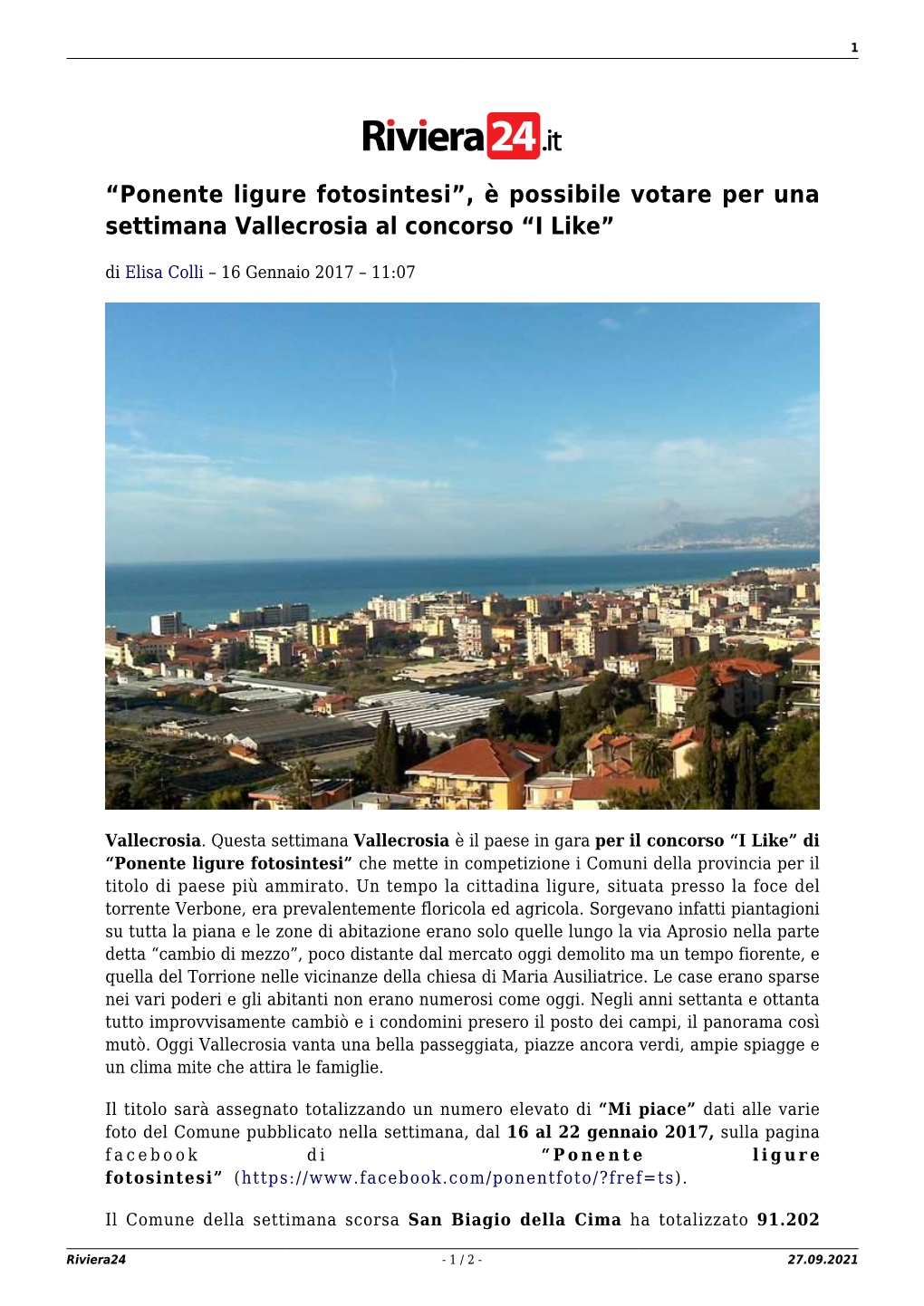 Ponente Ligure Fotosintesi”, È Possibile Votare Per Una Settimana Vallecrosia Al Concorso “I Like”