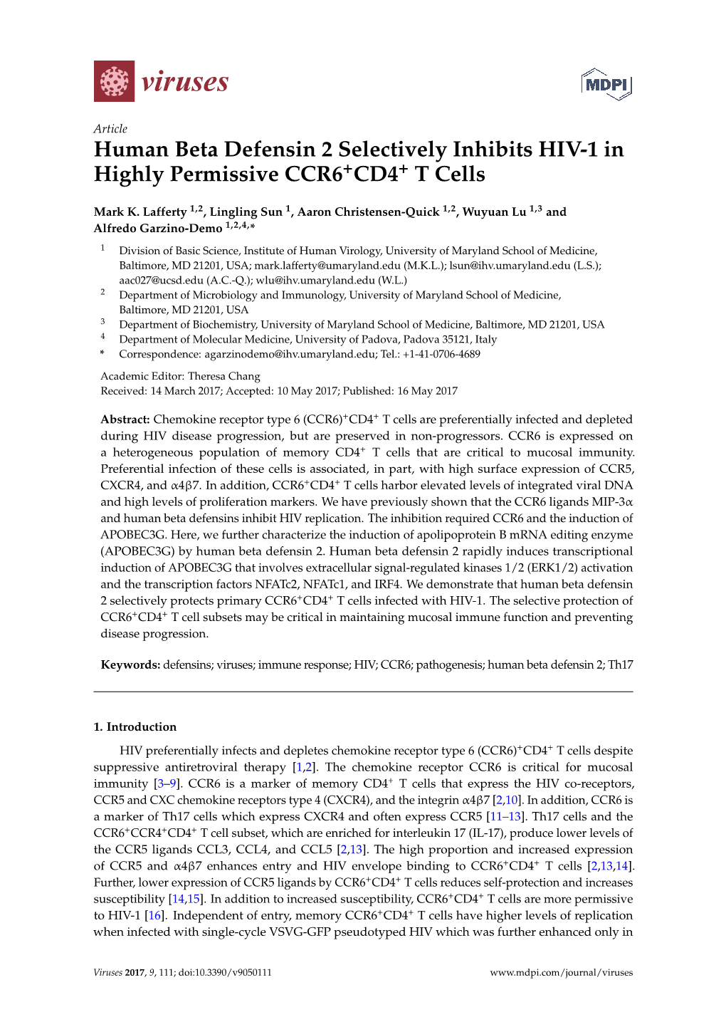 Human Beta Defensin 2 Selectively Inhibits HIV-1 in Highly Permissive CCR6+CD4+ T Cells